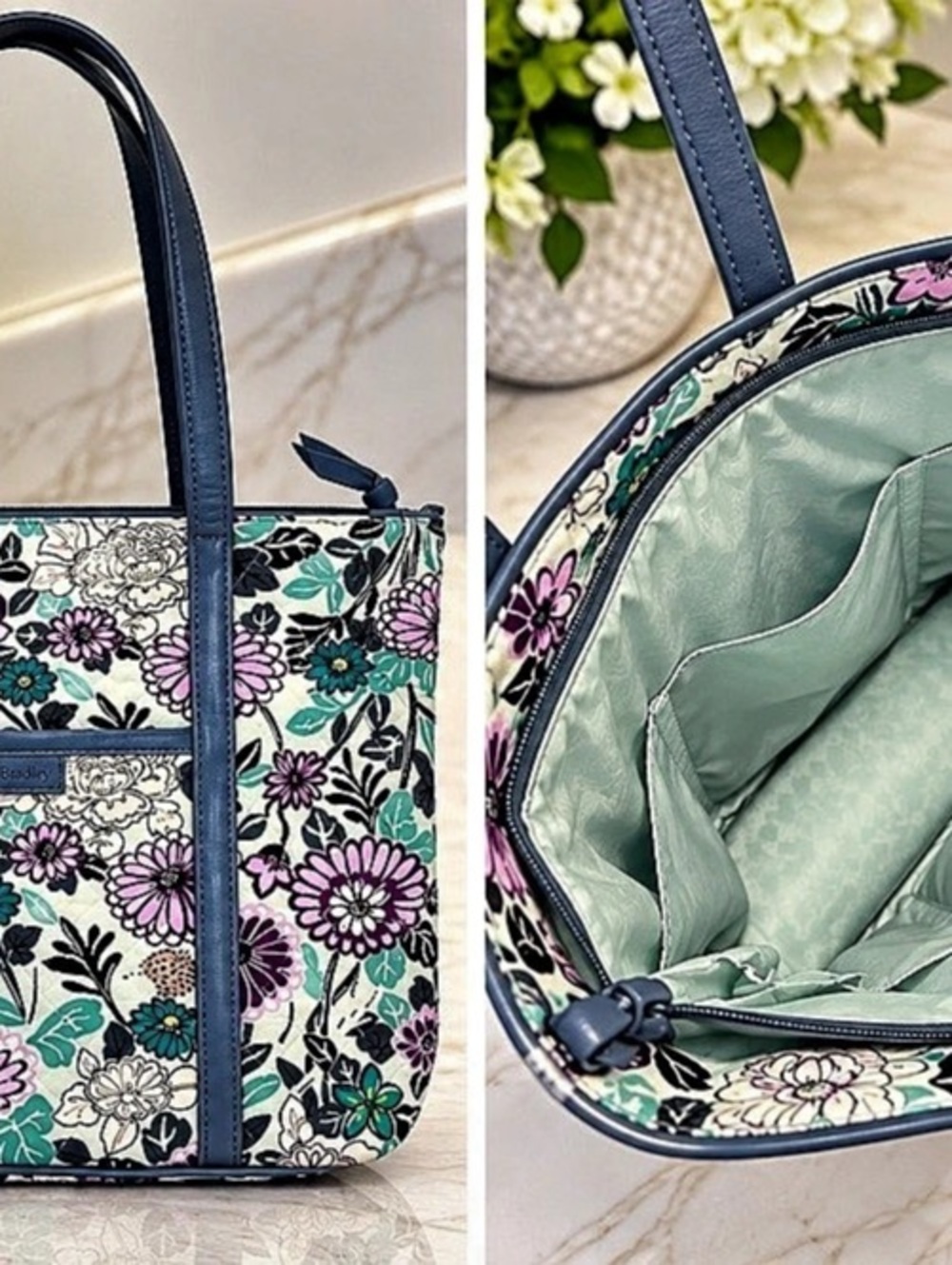Vera Bradley Indigo Pop Tote Floral Tote in Blue & White Like New